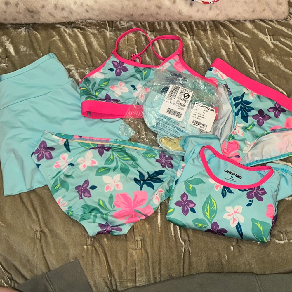 Lands' End Blue Floral Swimwear Set - Rashguard swim - 6 pieces 10 /12S Hawaiian